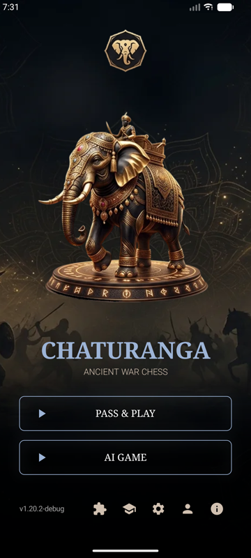 CHATURANGA main menu with the 3D bronze elephant piece and Pass & Play / AI Game options