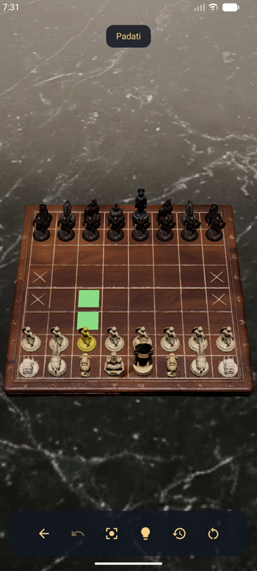 CHATURANGA 3D game board mid-match with a selected piece and its legal moves highlighted in green