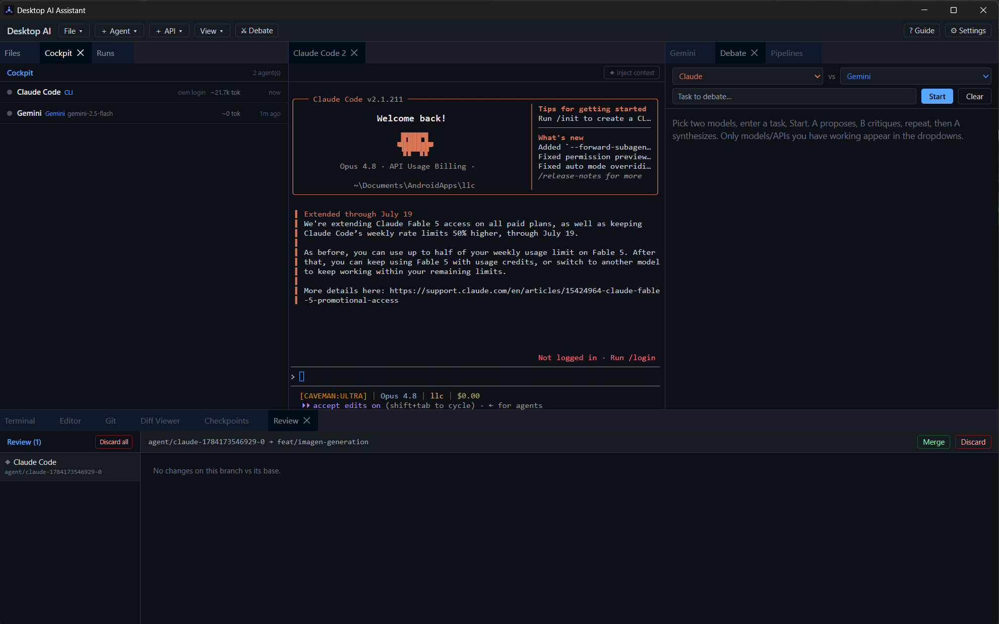 Desktop AI cockpit running Claude Code and Gemini agents side by side, with debate mode and a git review panel